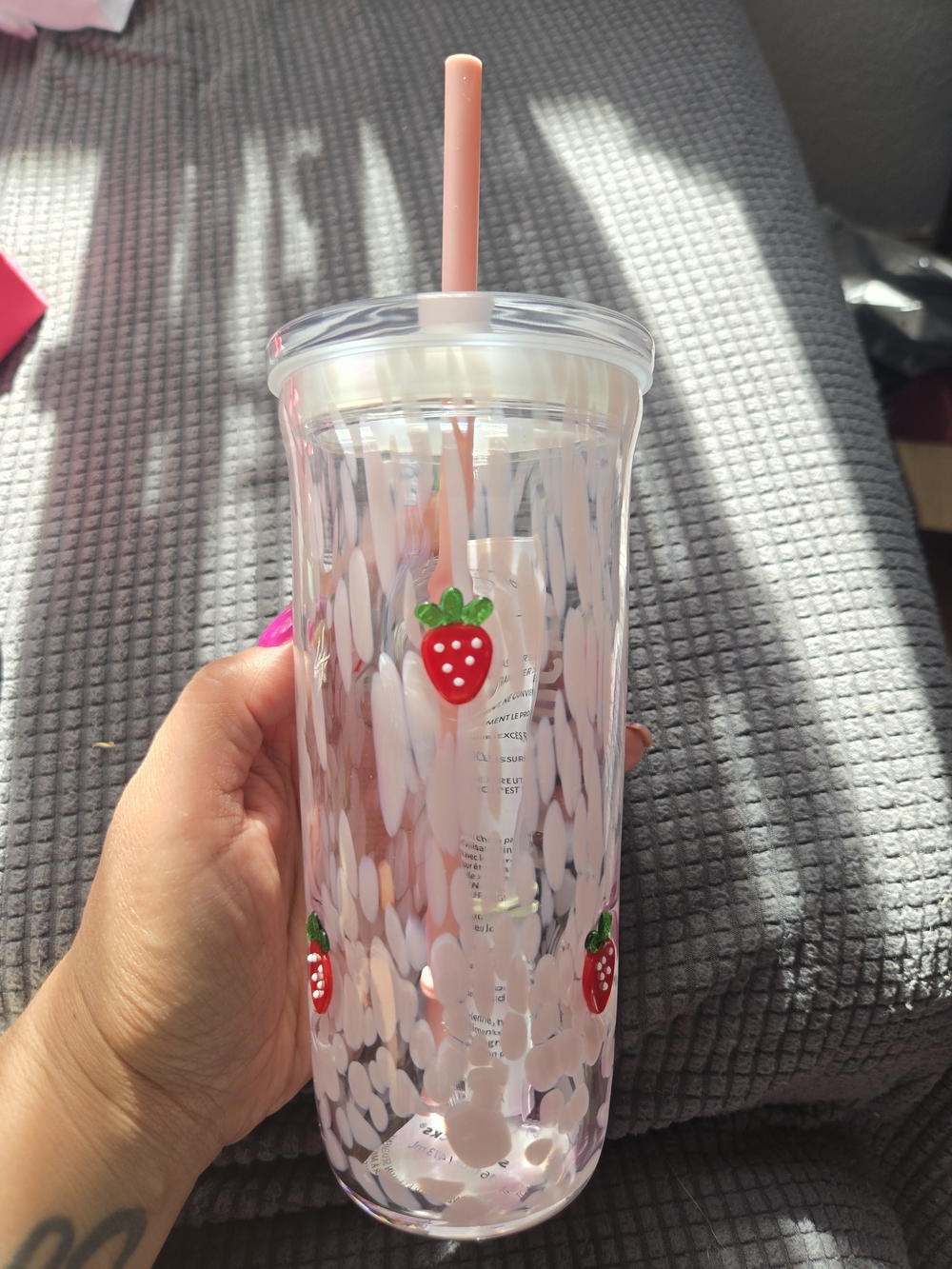 Pink Strawberry Pattern Reusable Tumbler with Straw